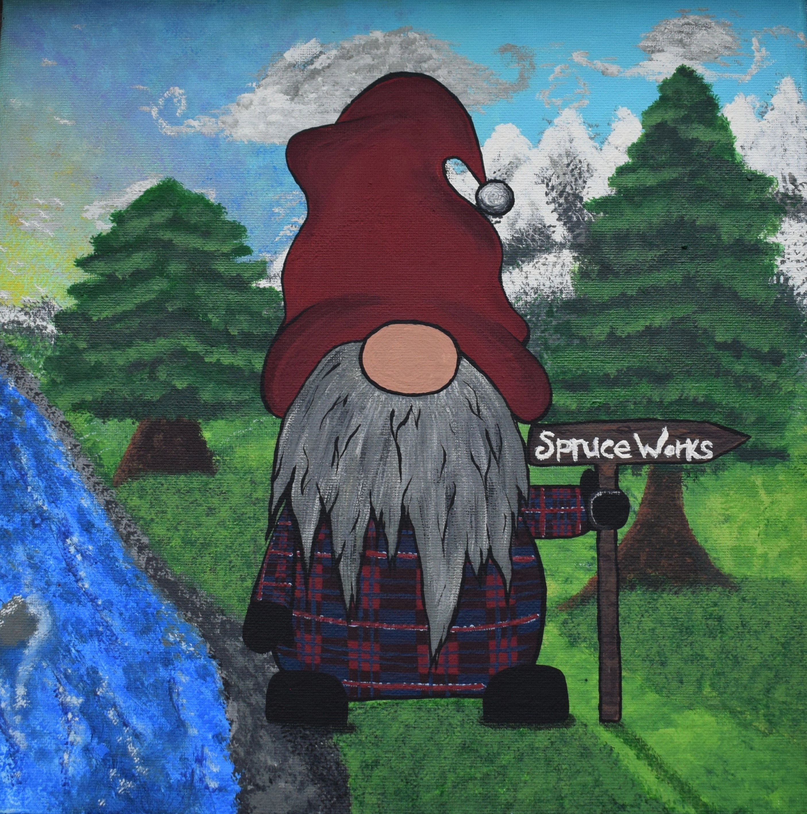 Painted Spruce Works gnome beside an evergreen forest and wooden company sign